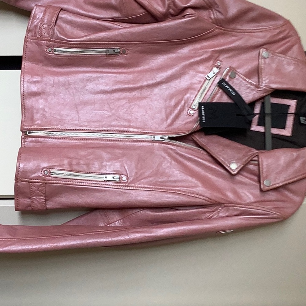Metallic Pink Moto Leather Jacket with Silver Zippers